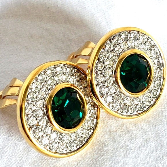 Vintage gold & emerald Swarovski gold diamond S.A.L. 1980's clip on earrings - Picture 2 of 6